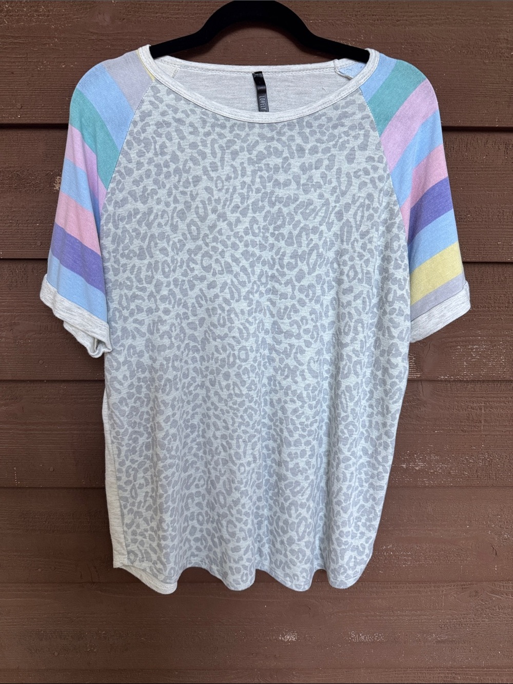 Lovely Souls Light Gray Leopard Print Tee Pastel Sleeves (see measurements)
